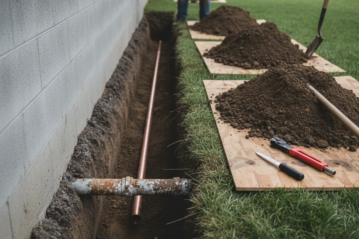 Excavated water line trench during Water Heater Repair in San Ardo